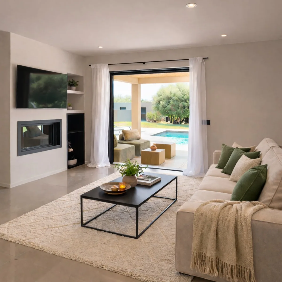 Salon spacieux et lumineux de la villa avec cheminée et ouverture sur la piscine